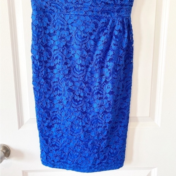 DAVID’S BRIDAL Floral Lace Ruched Dress Horizon Blue Bridesmaid Cocktail - Picture 9 of 11